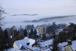 Winter snow over Regents Theological College campus from the Malvern Hills.